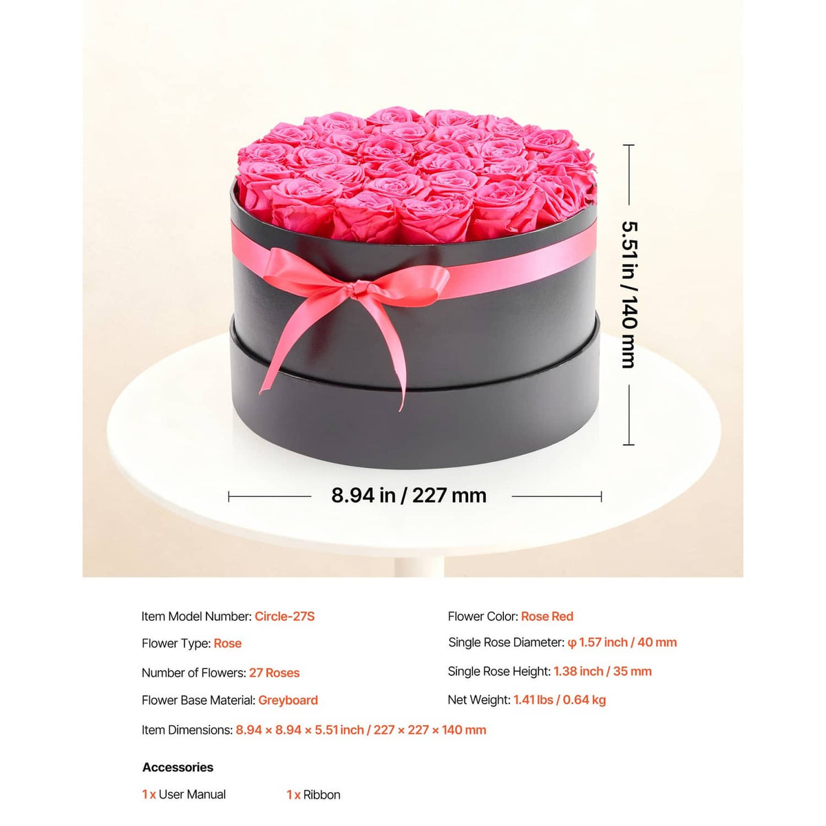 Pink preserved roses in black round gift box with pink satin ribbon bow