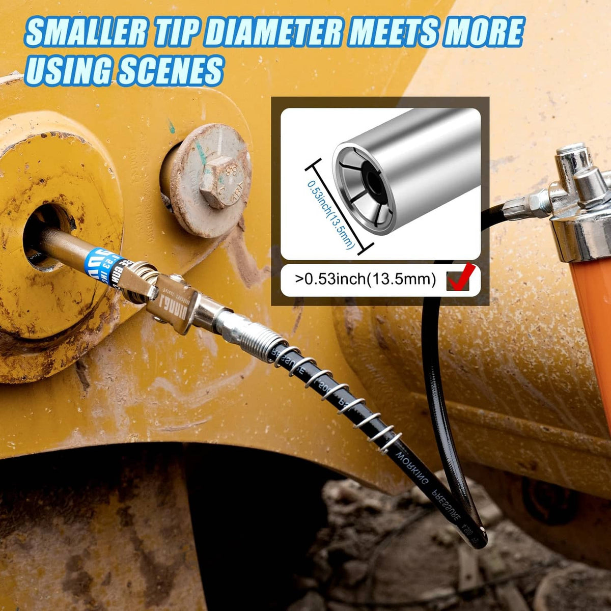 Grease gun coupler connecting to a fitting on a machine body with visible metal tip