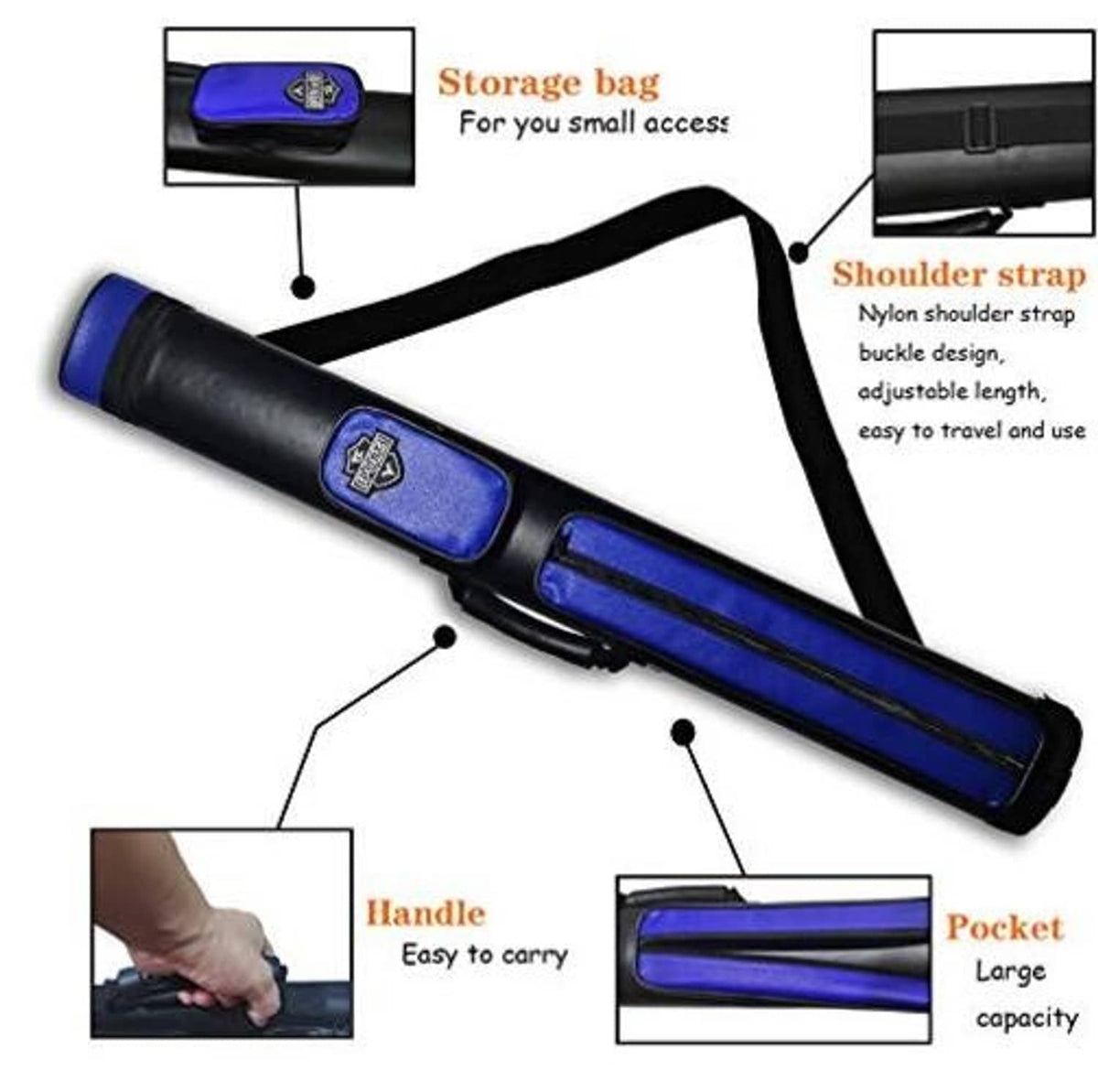 Oval hard pool cue case, blue padded ends, black exterior, zip closure.