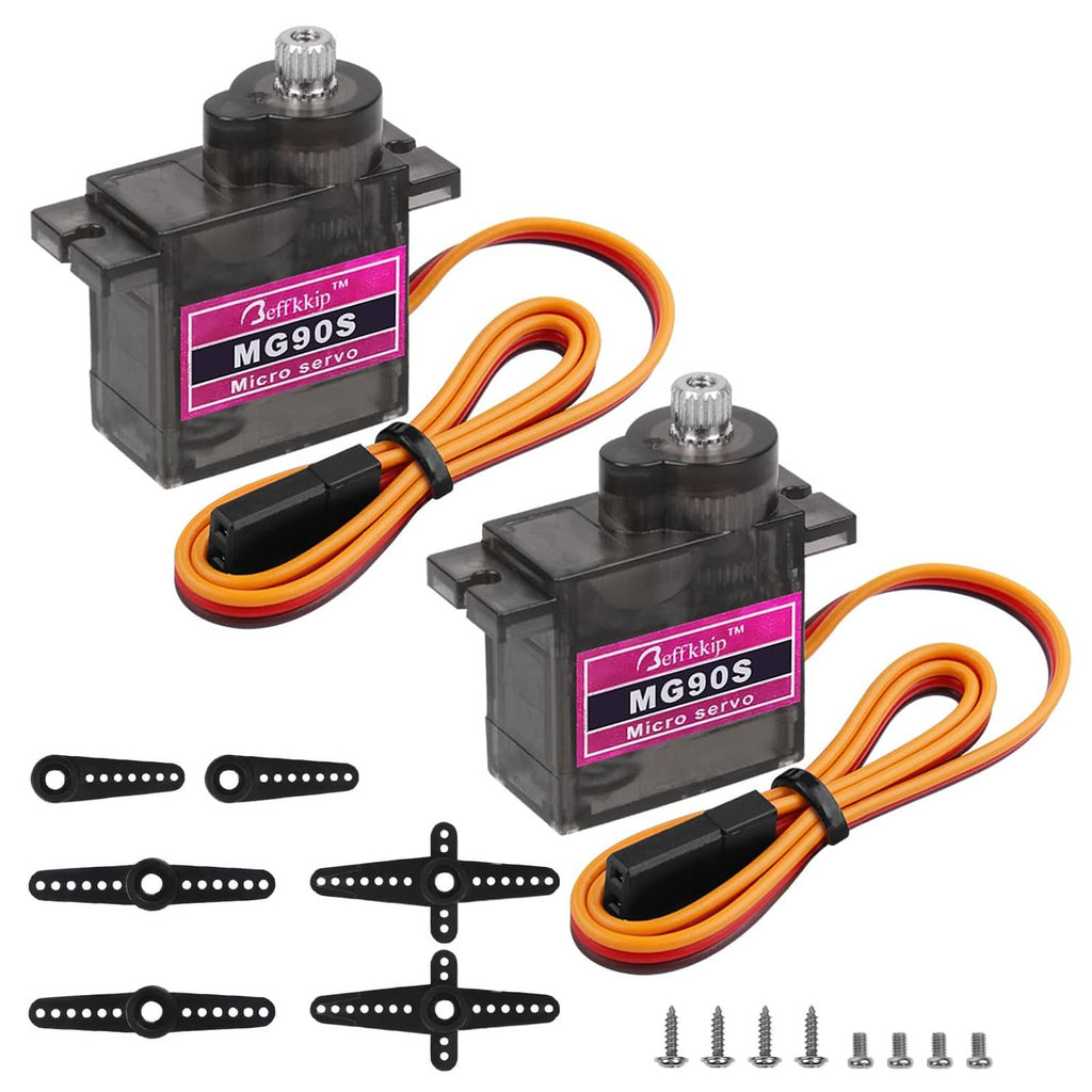 Metal gear micro servo motor set with orange wires, mounting horns, and screws