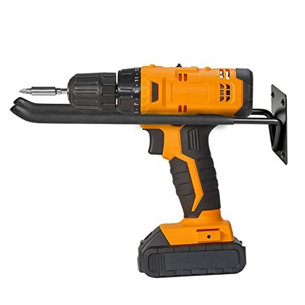 Black shovel hook on wall-style bracket attached to a black-and-orange drill