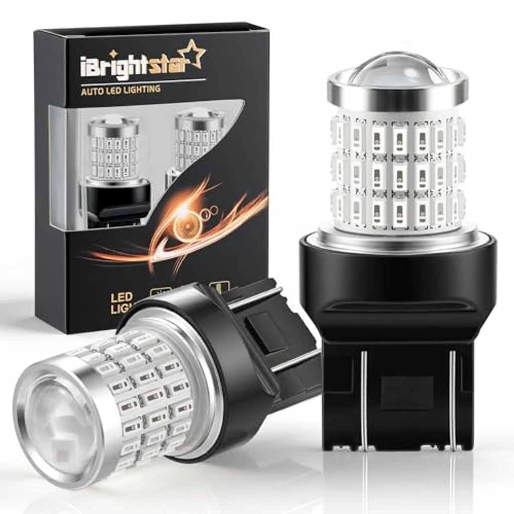 Pair of LED brake bulbs with white LED chip array projector lens and black socket base