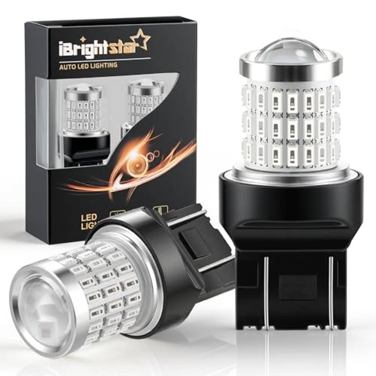 Pair of LED brake bulbs with white LED chip array projector lens and black socket base