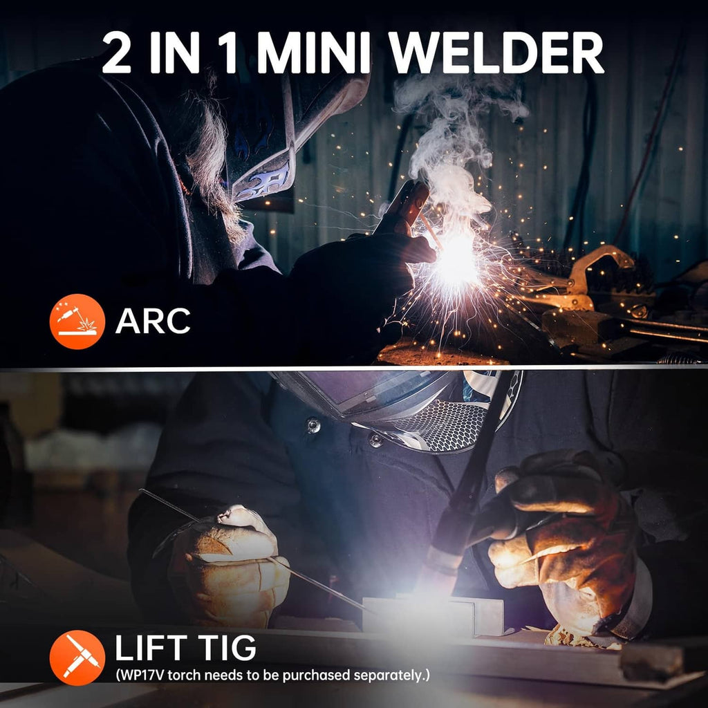 Portable HITBOX mini welder with orange body, producing bright arc while welding.