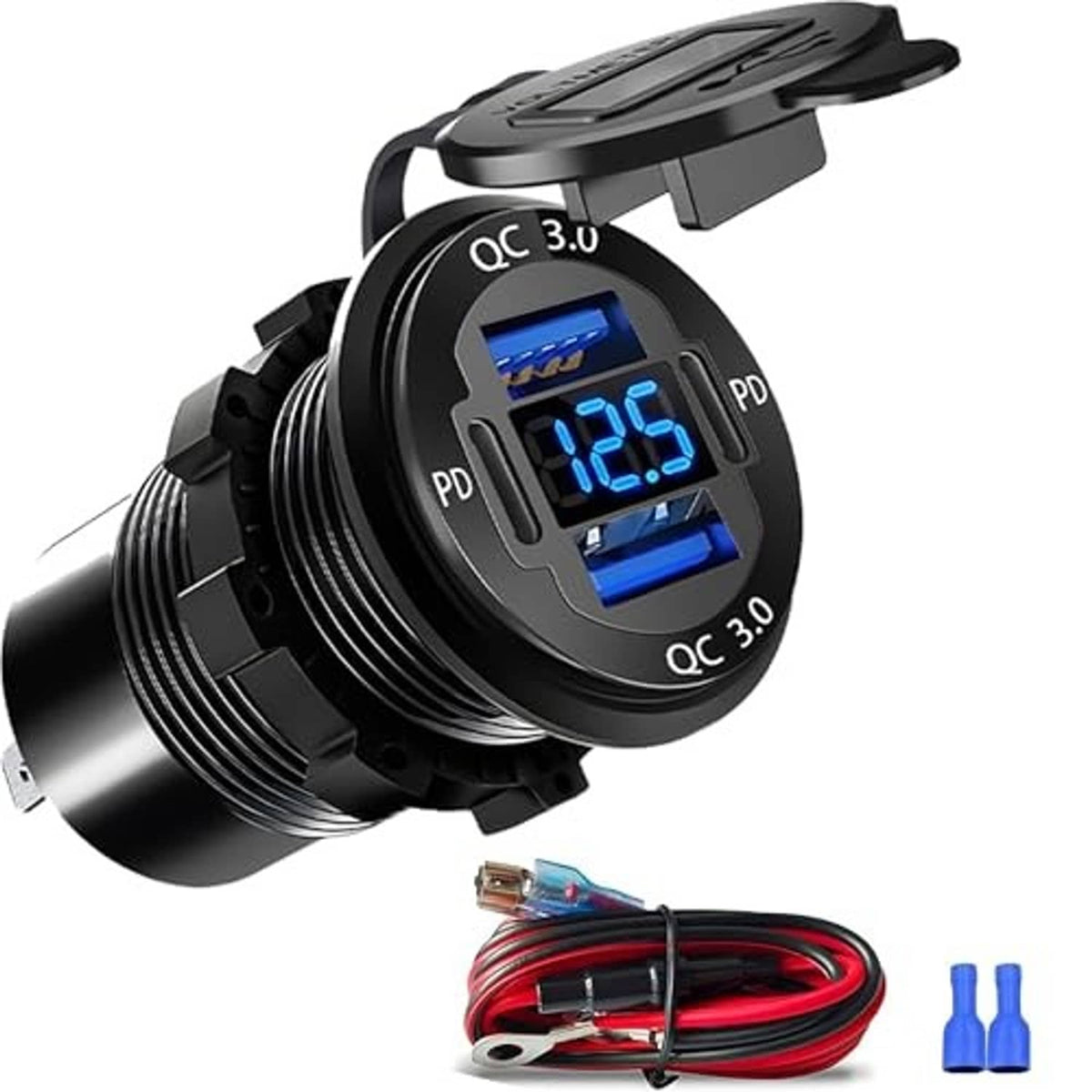 Black round car USB outlet with digital screen and blue USB ports, QC 3.0 and PD
