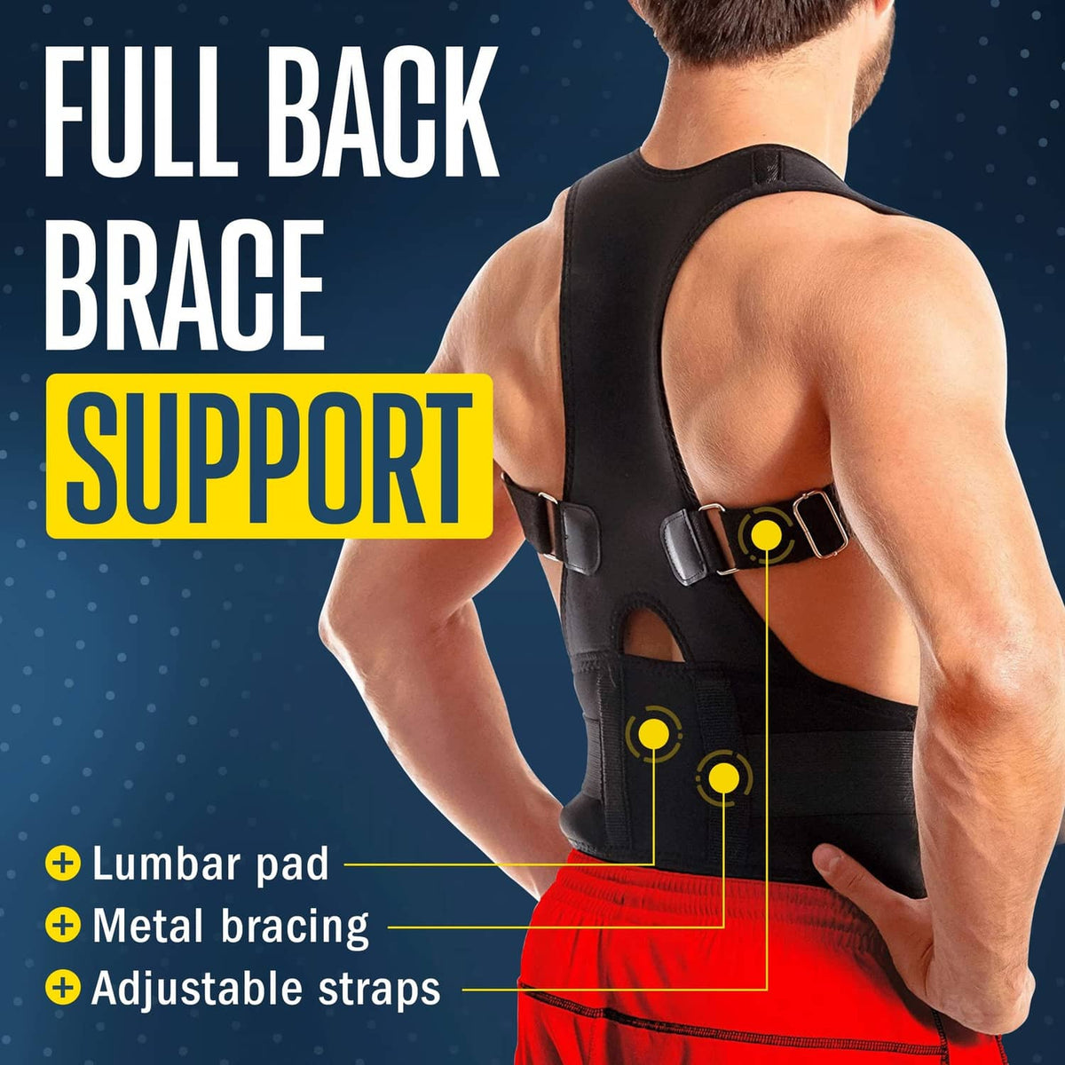 Black back brace with straps and lumbar support pad, worn on an upper back.
