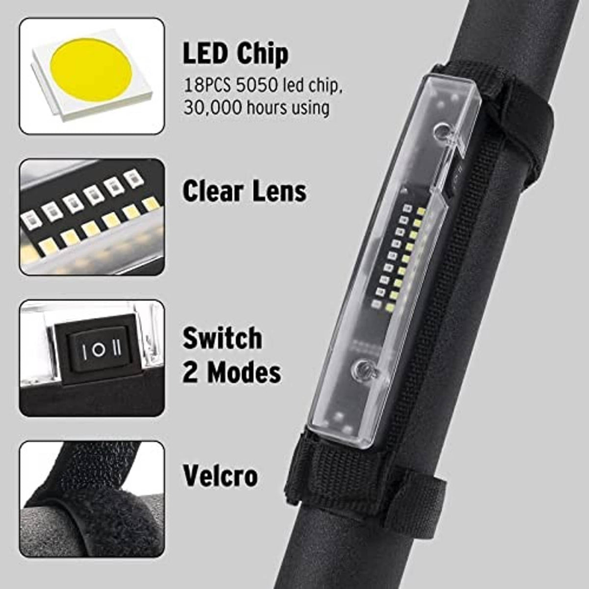 LED roll bar light with clear lens, black straps, and multi-chip light panel