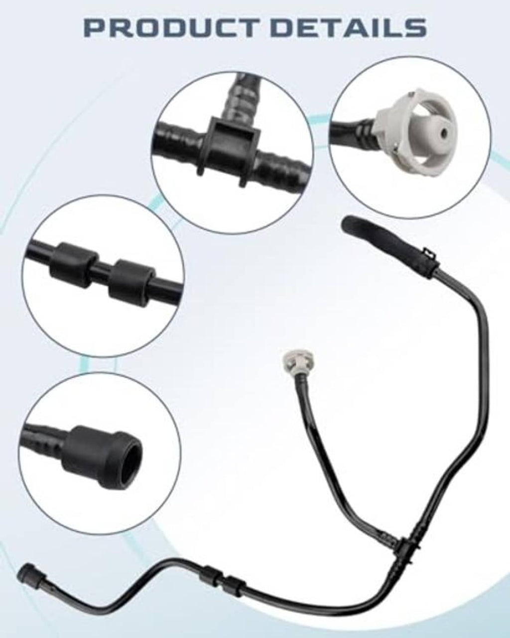 Black radiator coolant hose with multiple fittings and metal connector detail views