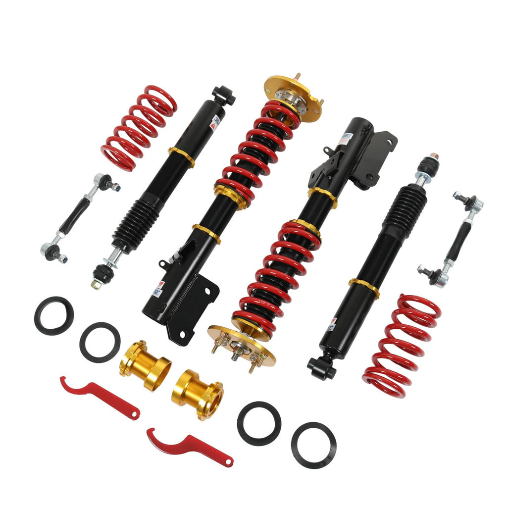 Adjustable coilover struts with red spring assemblies, black bodies, and hardware