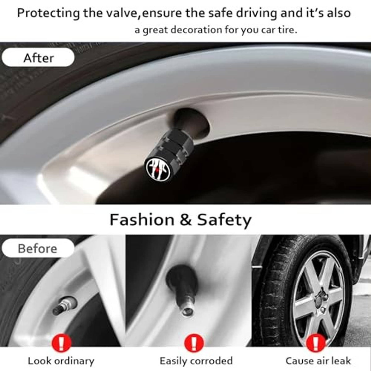 Black tire valve cap with red flame emblem on a car wheel rim.