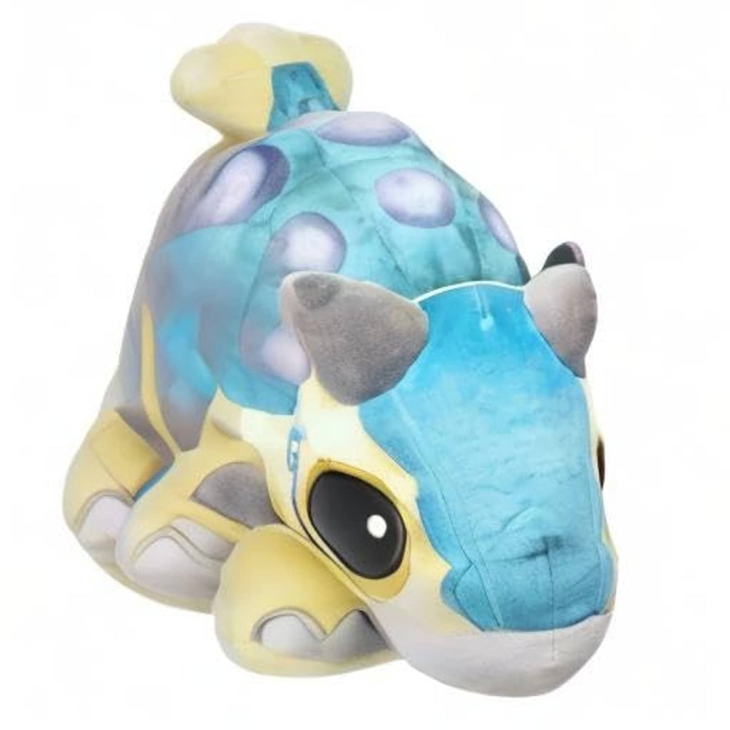 Blue plush baby dinosaur side view with yellow belly, gray ear pads, purple spots, black eye