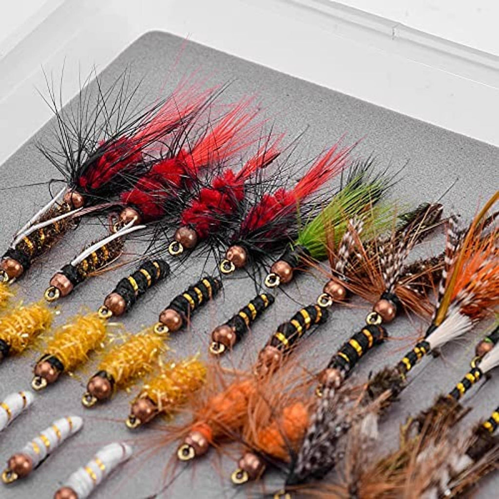 Extra-large clear fly fishing storage box filled with colorful flies in gray foam slots