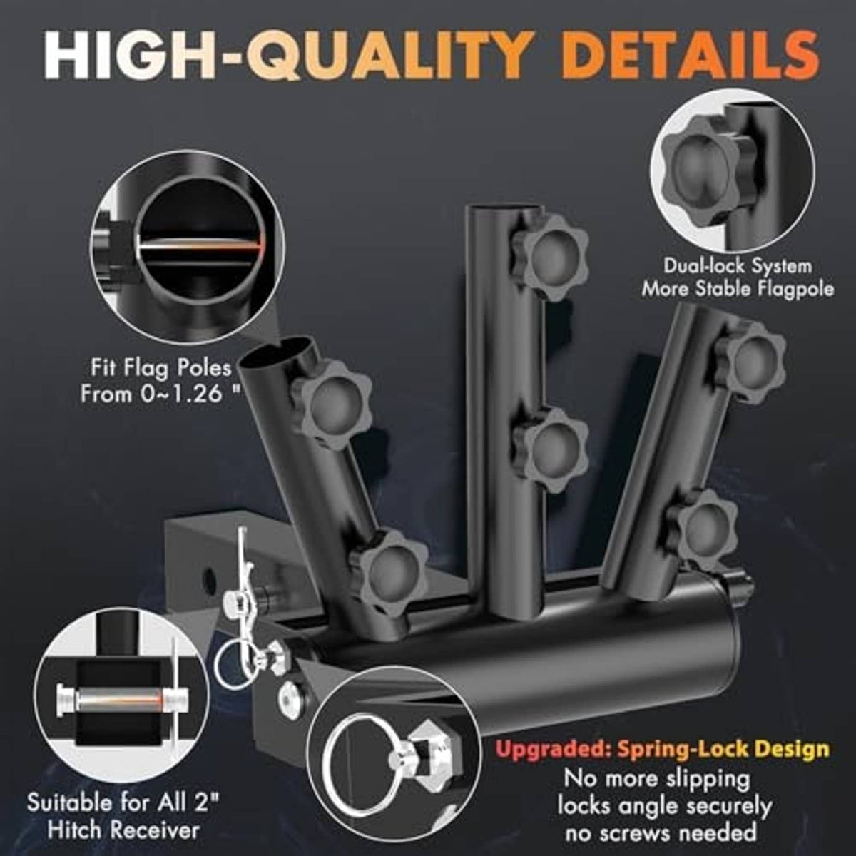 Dual-lock flag pole holder with spring-lock black pole mounts for hitch receiver