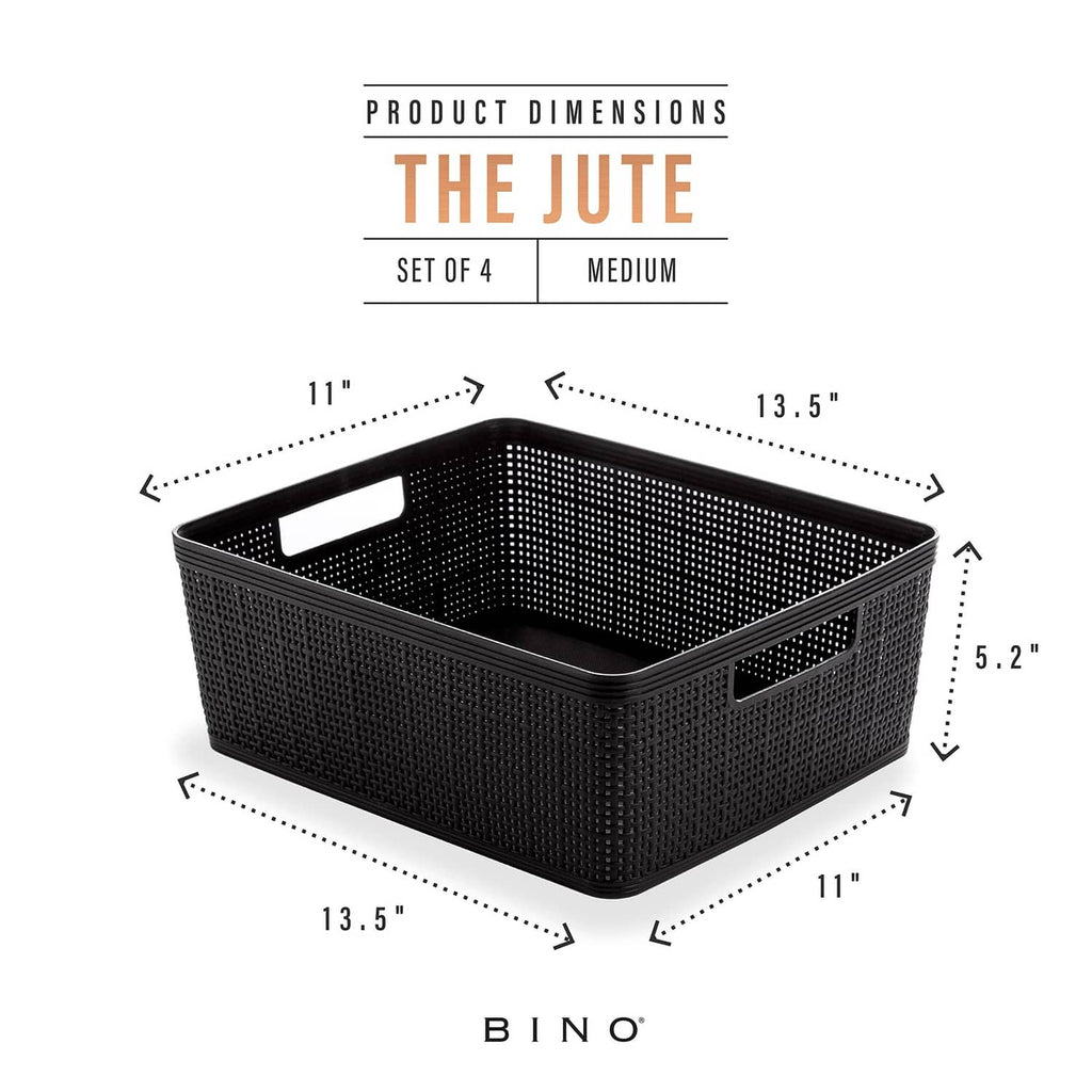 Medium black woven plastic storage bin with product dimensions diagram