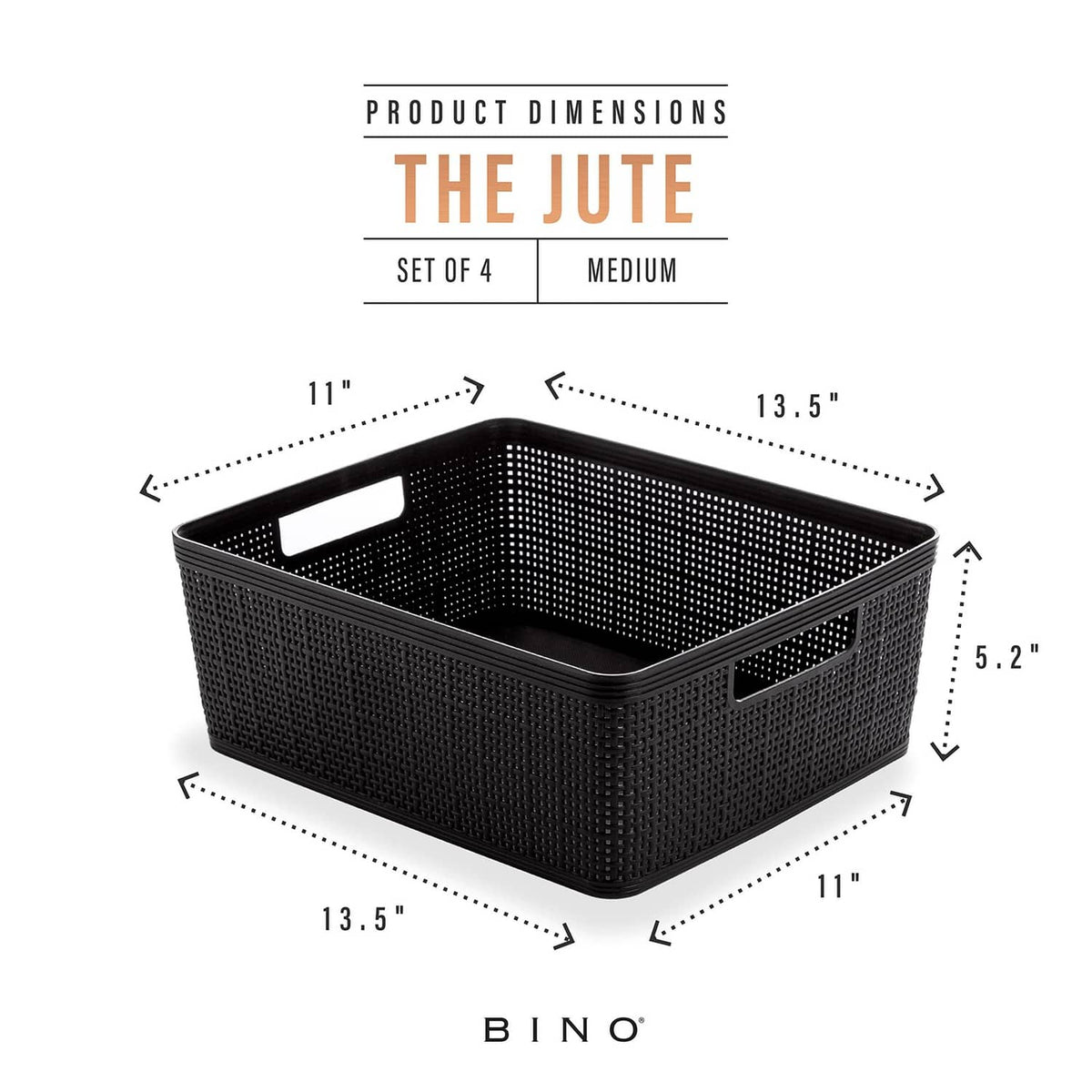 Medium black woven plastic storage bin with product dimensions diagram