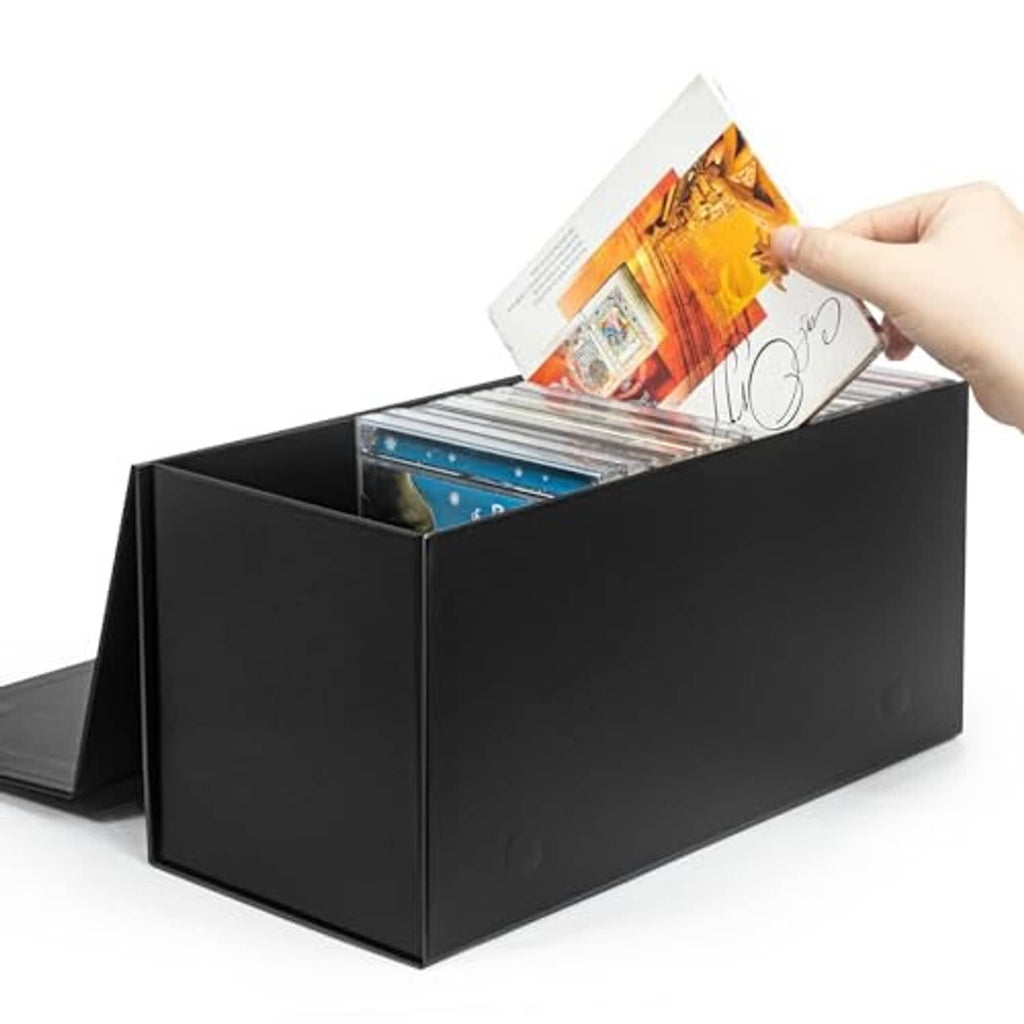 Black CD/DVD storage box with open top, holding slim cases and a jewel case