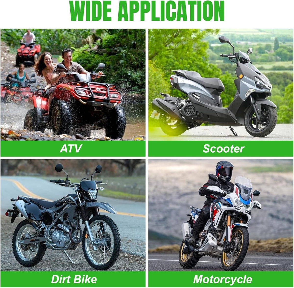 Rear-view mirror fit shown on ATV, scooter, dirt bike, and motorcycle