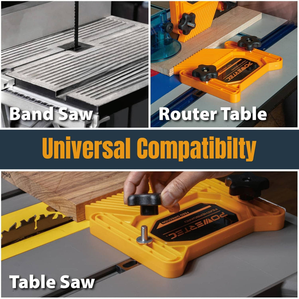 Orange featherboard shown on multiple saw setups with black star knobs