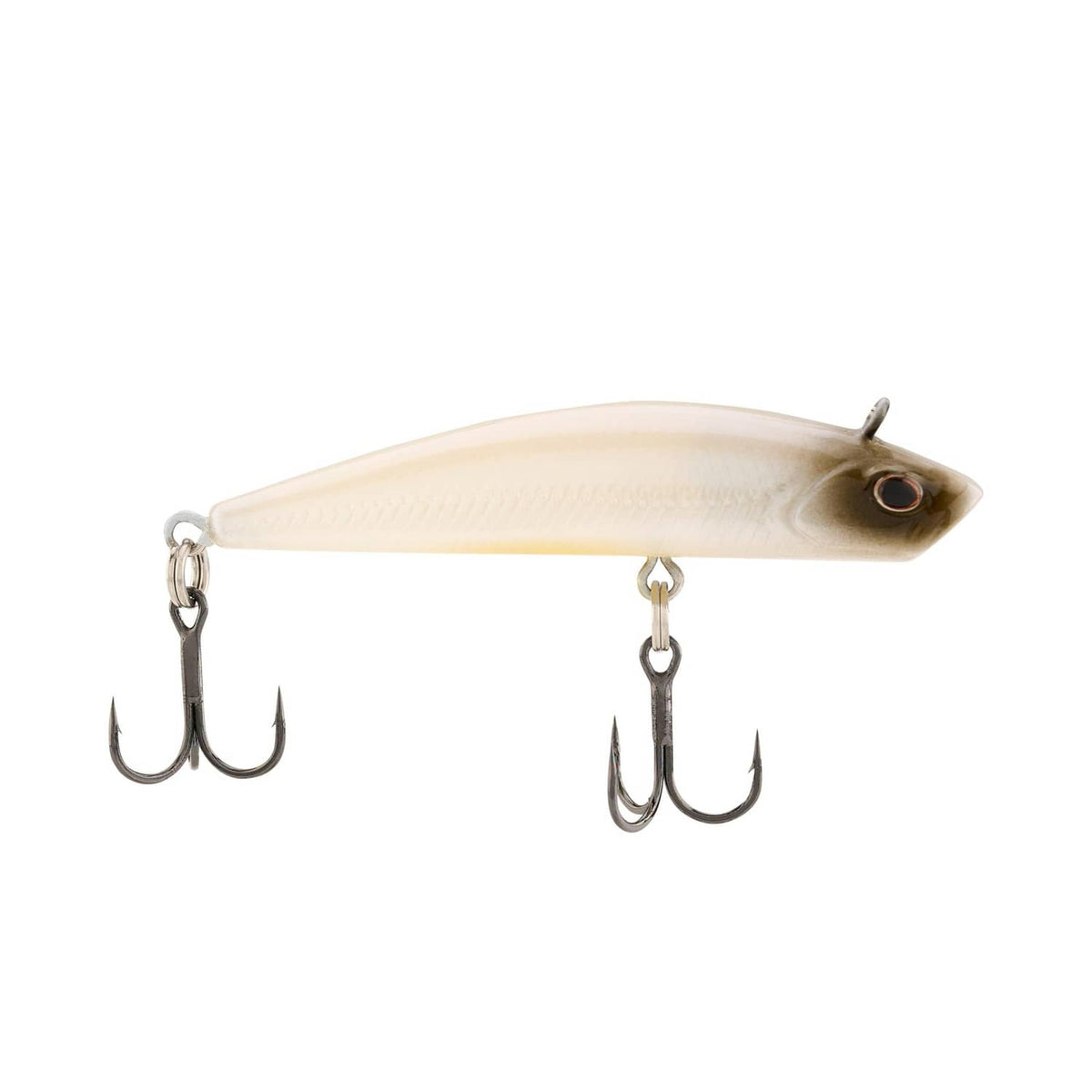 Berkley Finisher fishing lure, pearl white body with two treble hooks and split rings