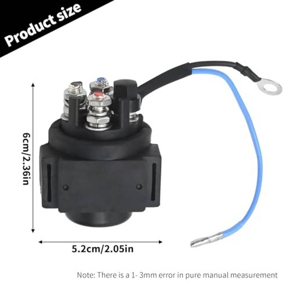 Black power trim relay solenoid with multi-post terminals and blue wire lead