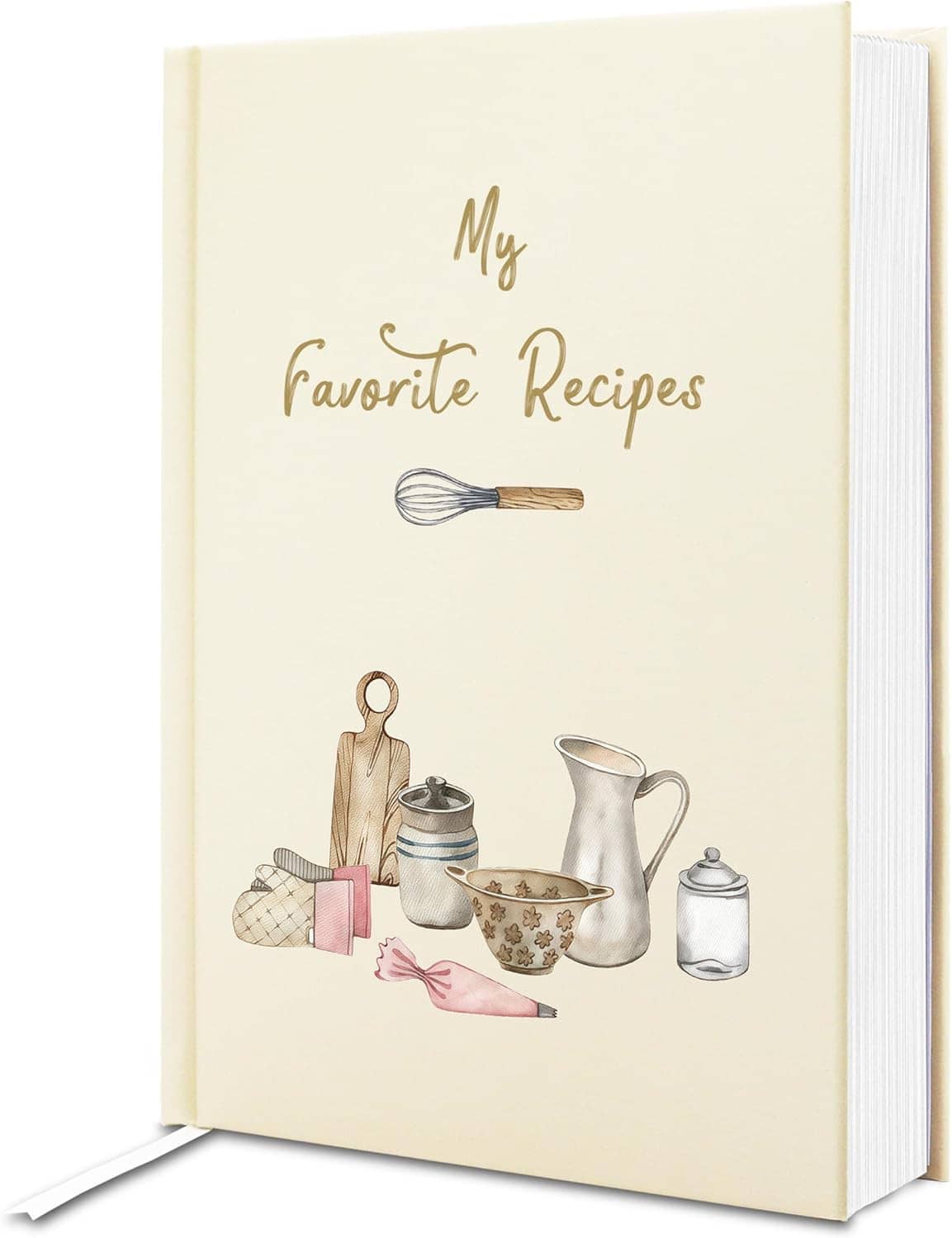 Cream hardcover recipe book with 'My Favorite Recipes' text and whisk/cookware graphic