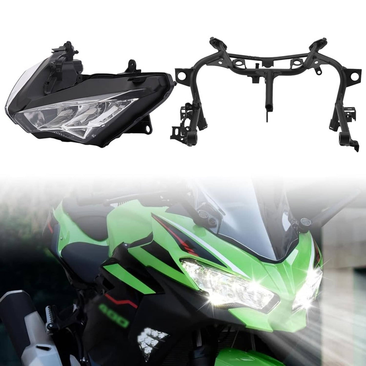 Motorcycle front headlight housing with upper stay fairing bracket and mounts