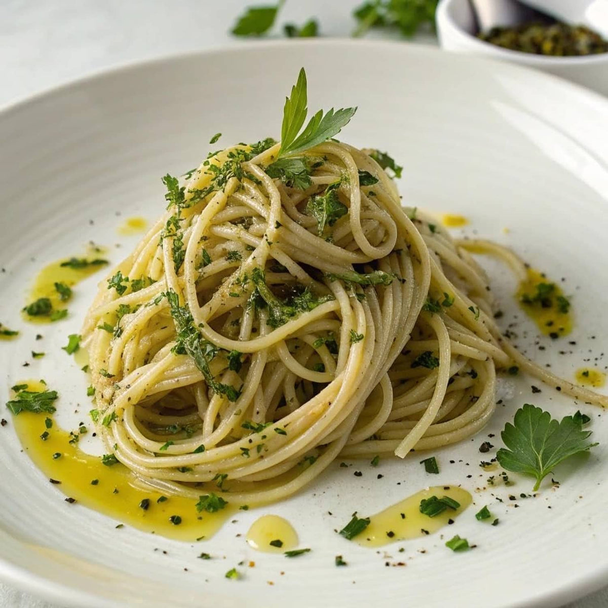 Egg white spaghetti noodles in a bowl with herbs and olive oil drizzle
