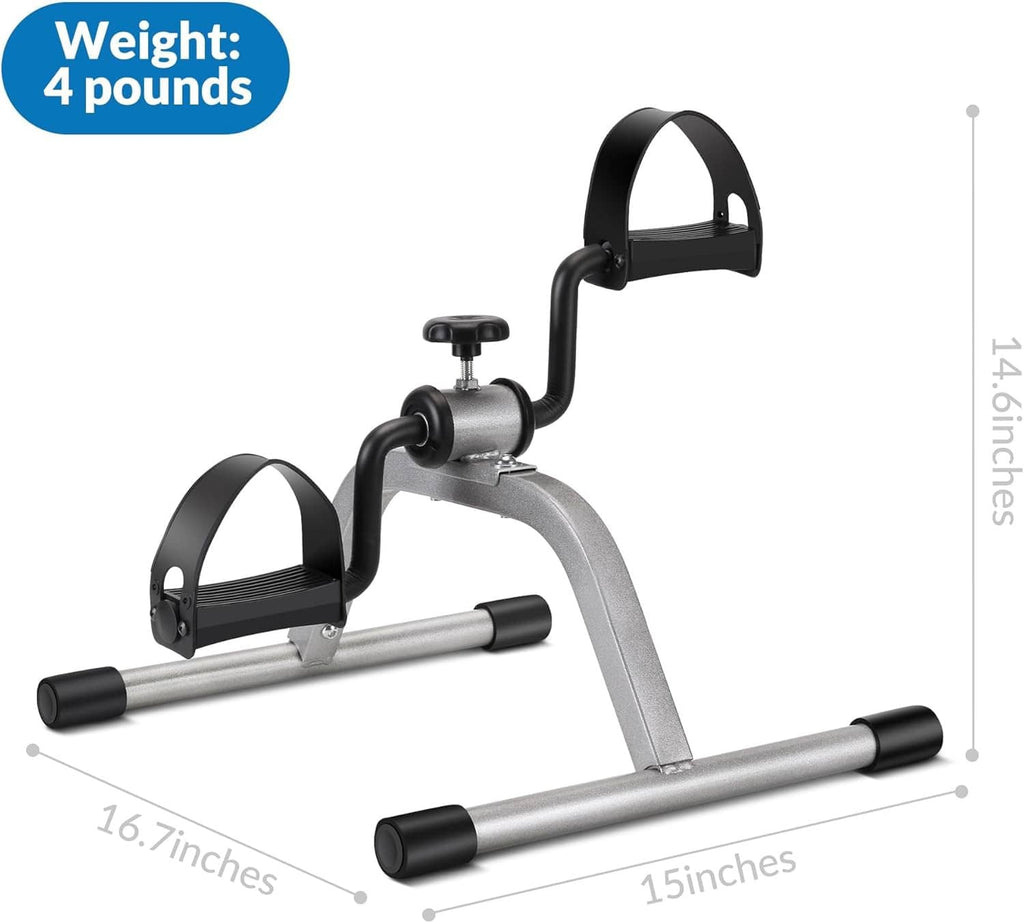 Compact mini exercise pedal bike with silver frame, black foot pedals, and padded handles