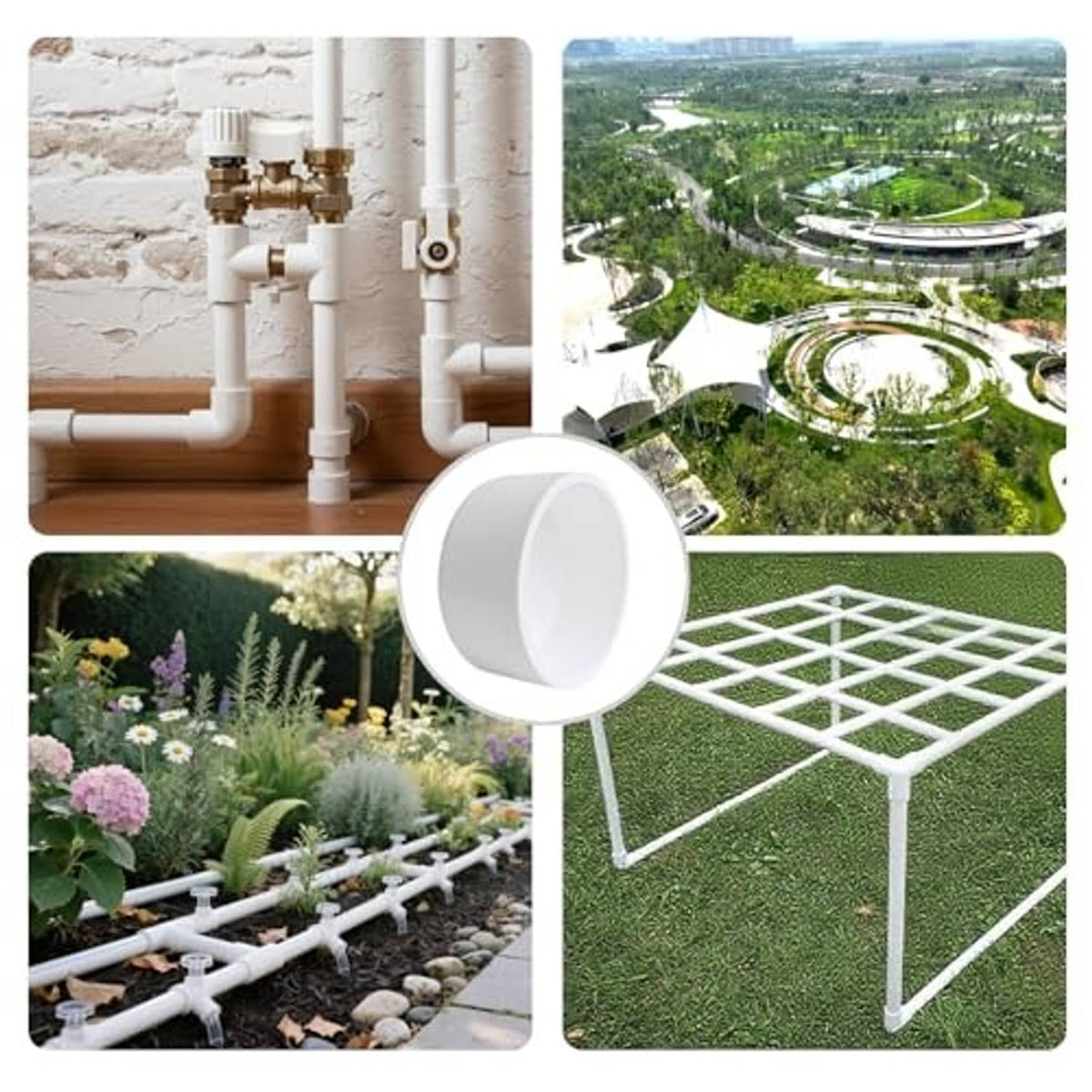 White PVC pipe end cap fitting, small round open-top cap
