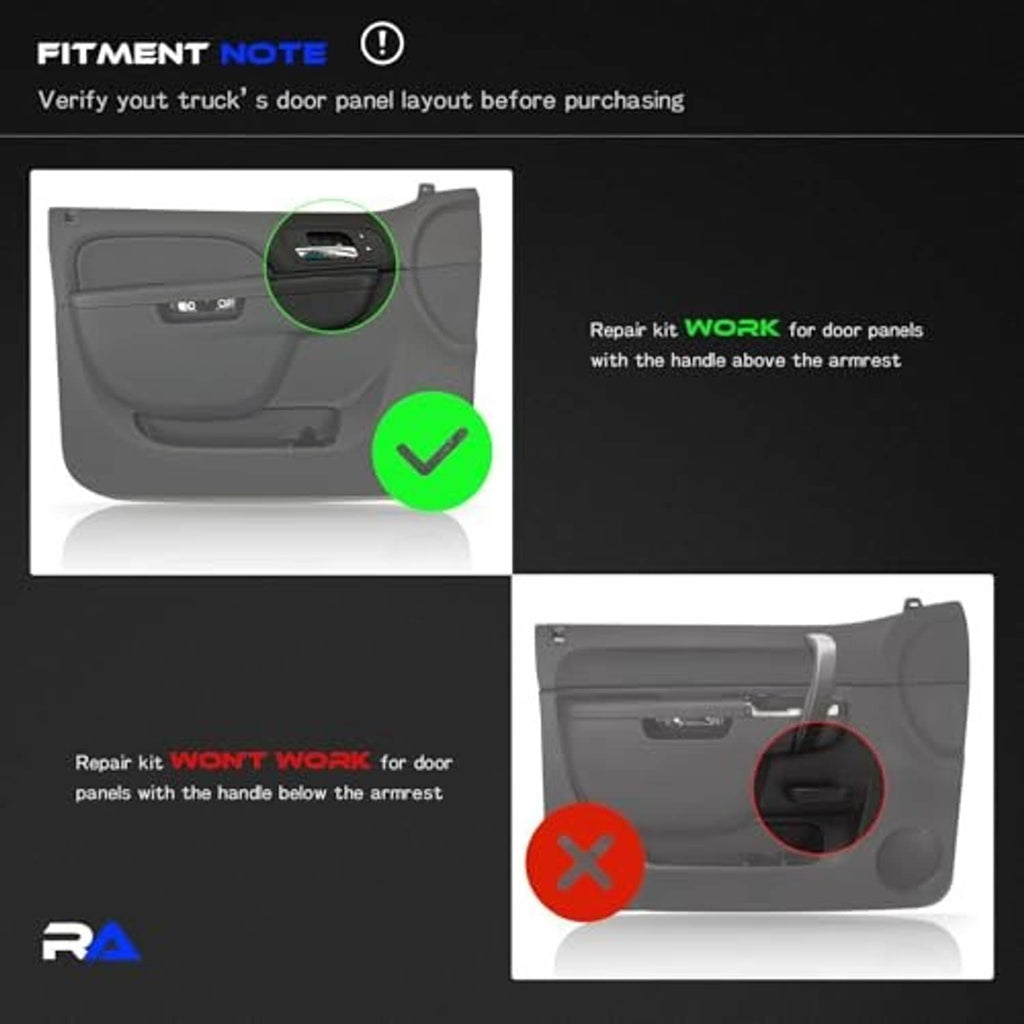 Armrest repair kit fitment note with door panel diagram and handle placement