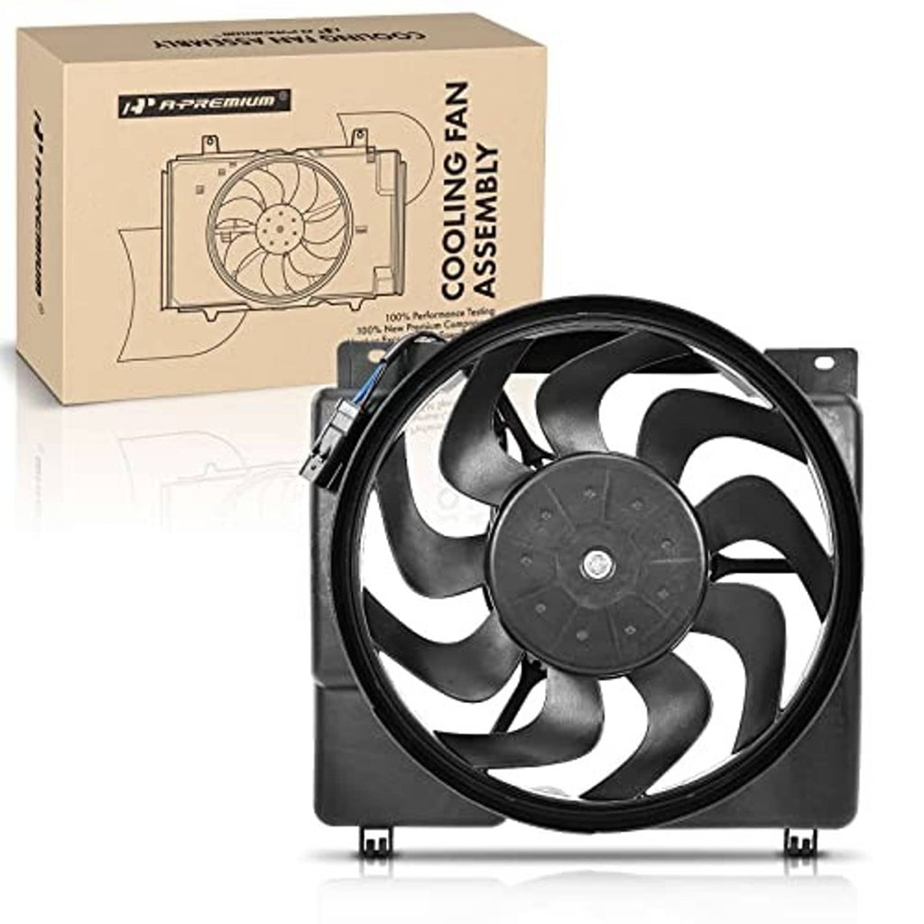 Radiator cooling fan assembly with black multi-blade fan and mounting bracket, boxed