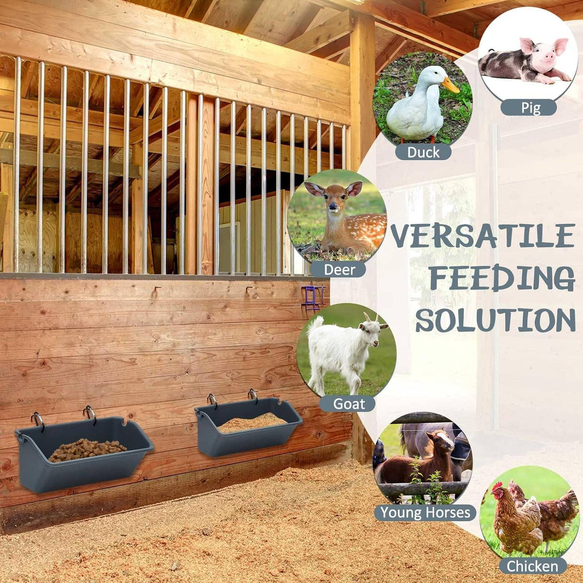 Multiple dark gray hanging feeder troughs mounted along indoor fence boards