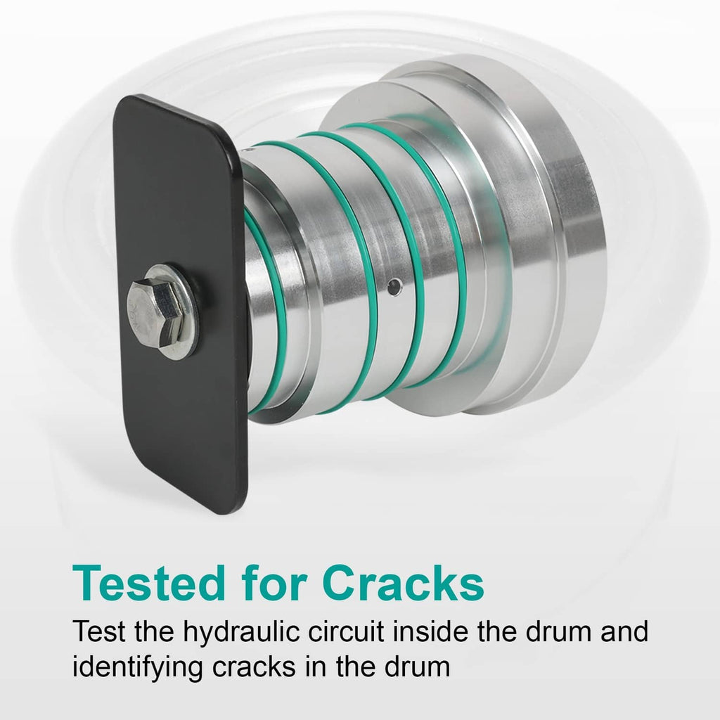 Reverse drum tester with black mounting plate and silver metal testing body