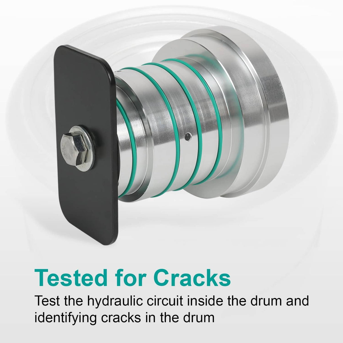 Reverse drum tester with black mounting plate and silver metal testing body