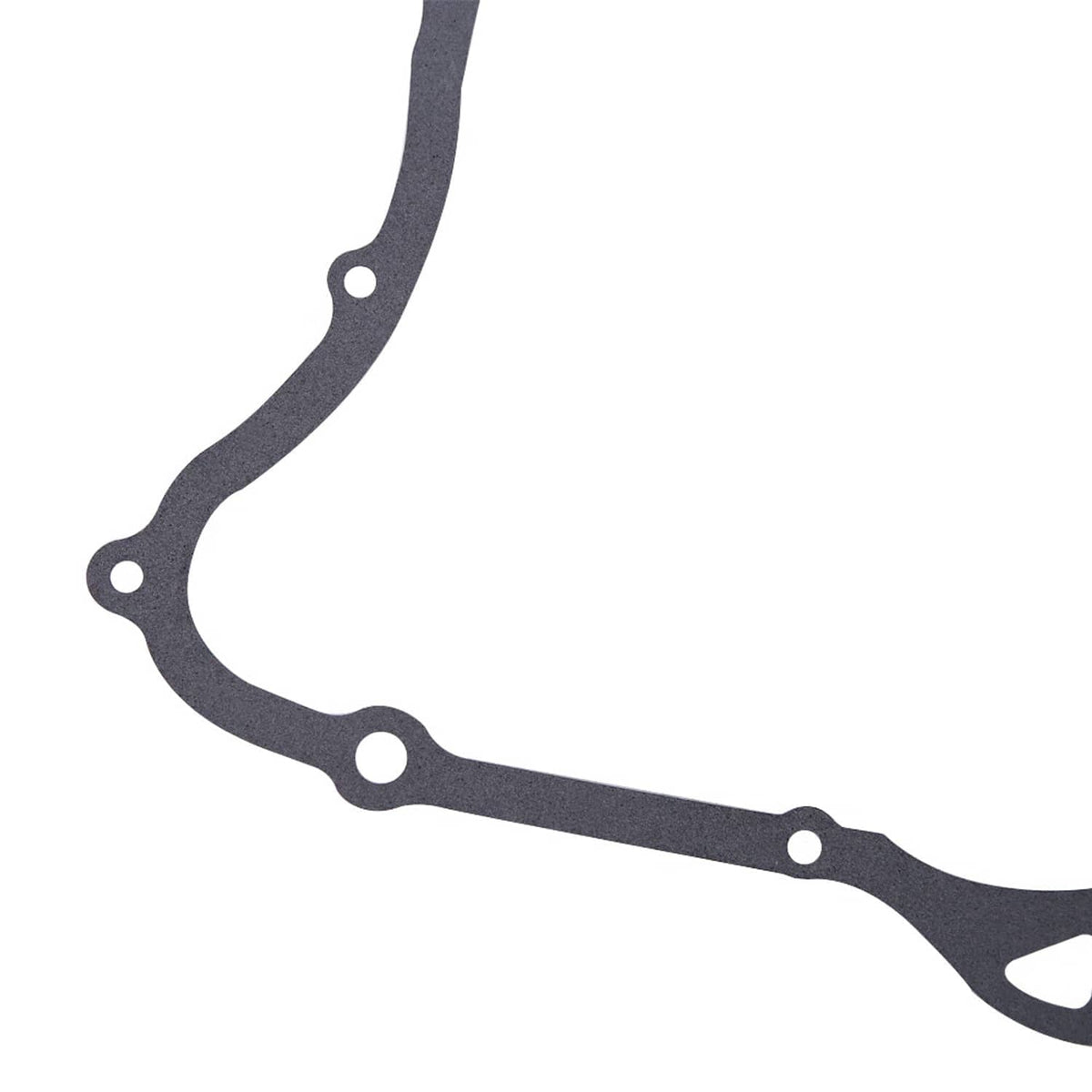 Crankcase gasket close-up, dark gray curved strip with round mounting holes