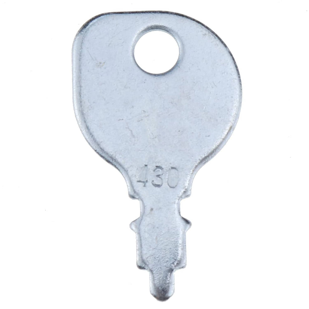 Single silver metal ignition key stamped 430, circular hole and pointed blade