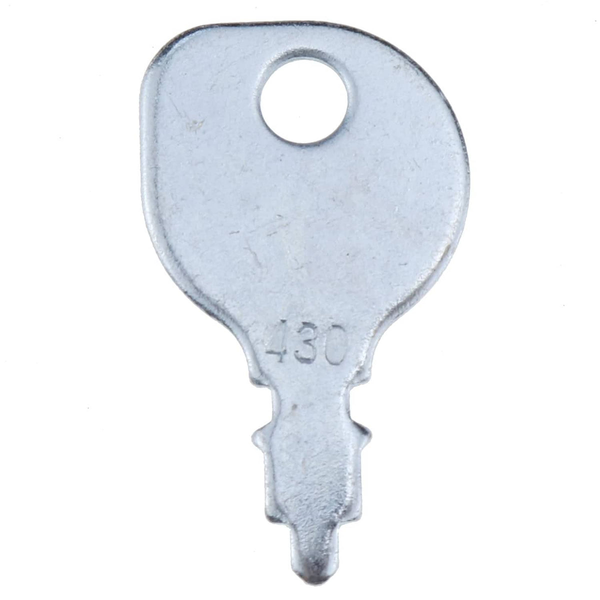 Single silver metal ignition key stamped 430, circular hole and pointed blade