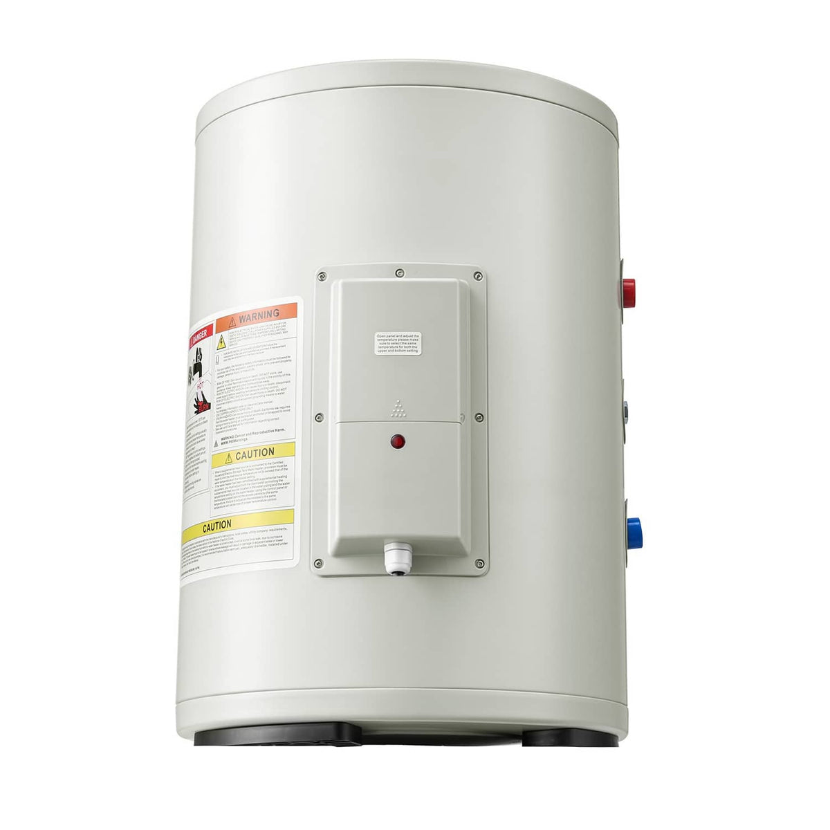 White electric water heater with access panel and red plus blue control connections