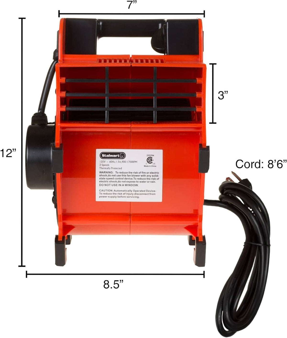 Orange portable blower fan dryer showing front grille, side cover, and power cord length