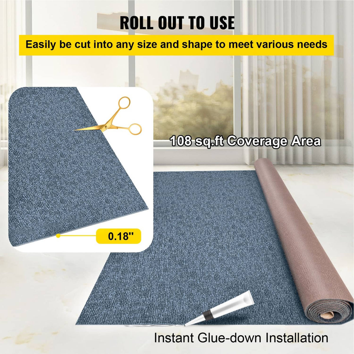 Blue cut-pile deck rug roll, easy to cut-to-size for glue-down installation.