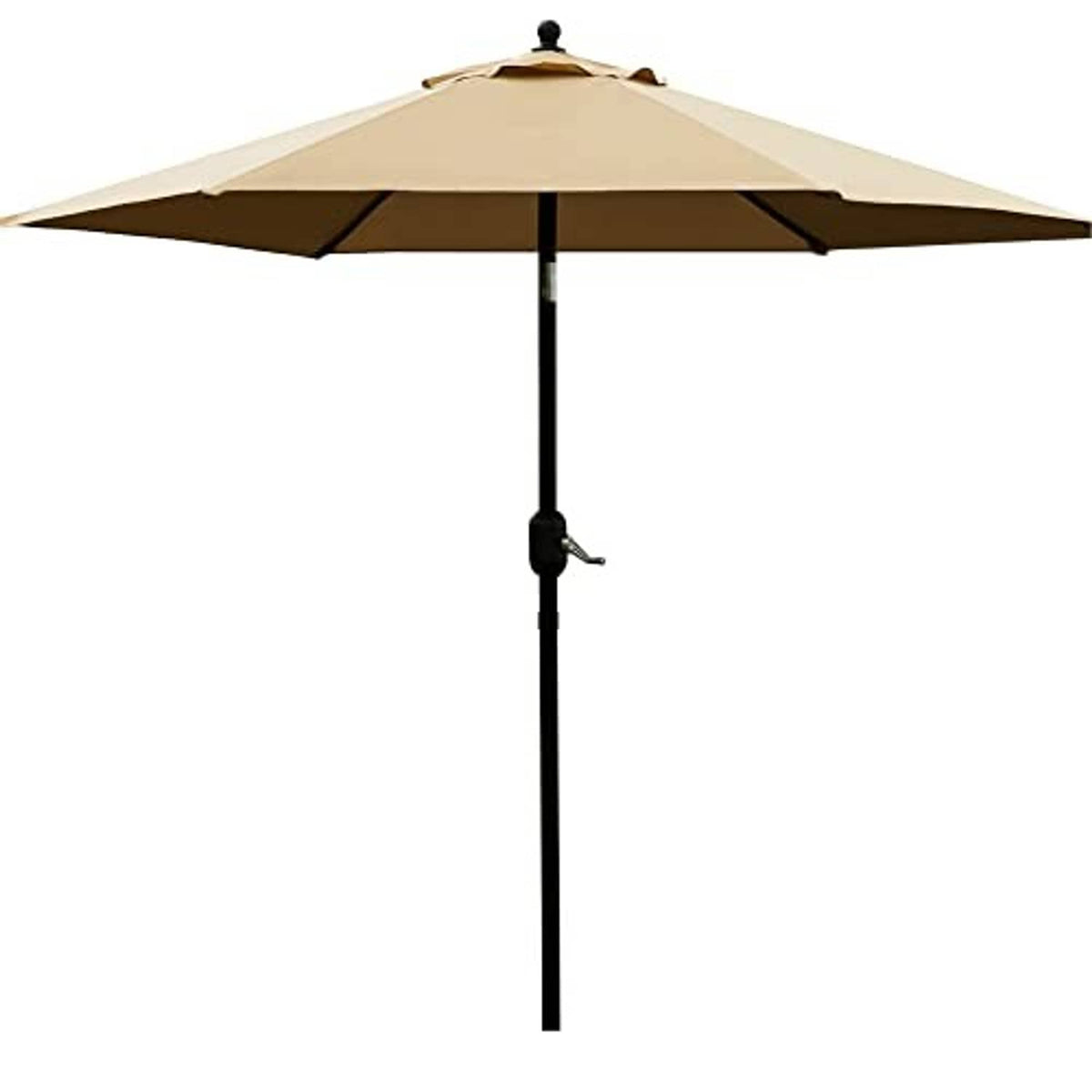 Tan patio umbrella with black pole and beige canopy, push-button lift crank