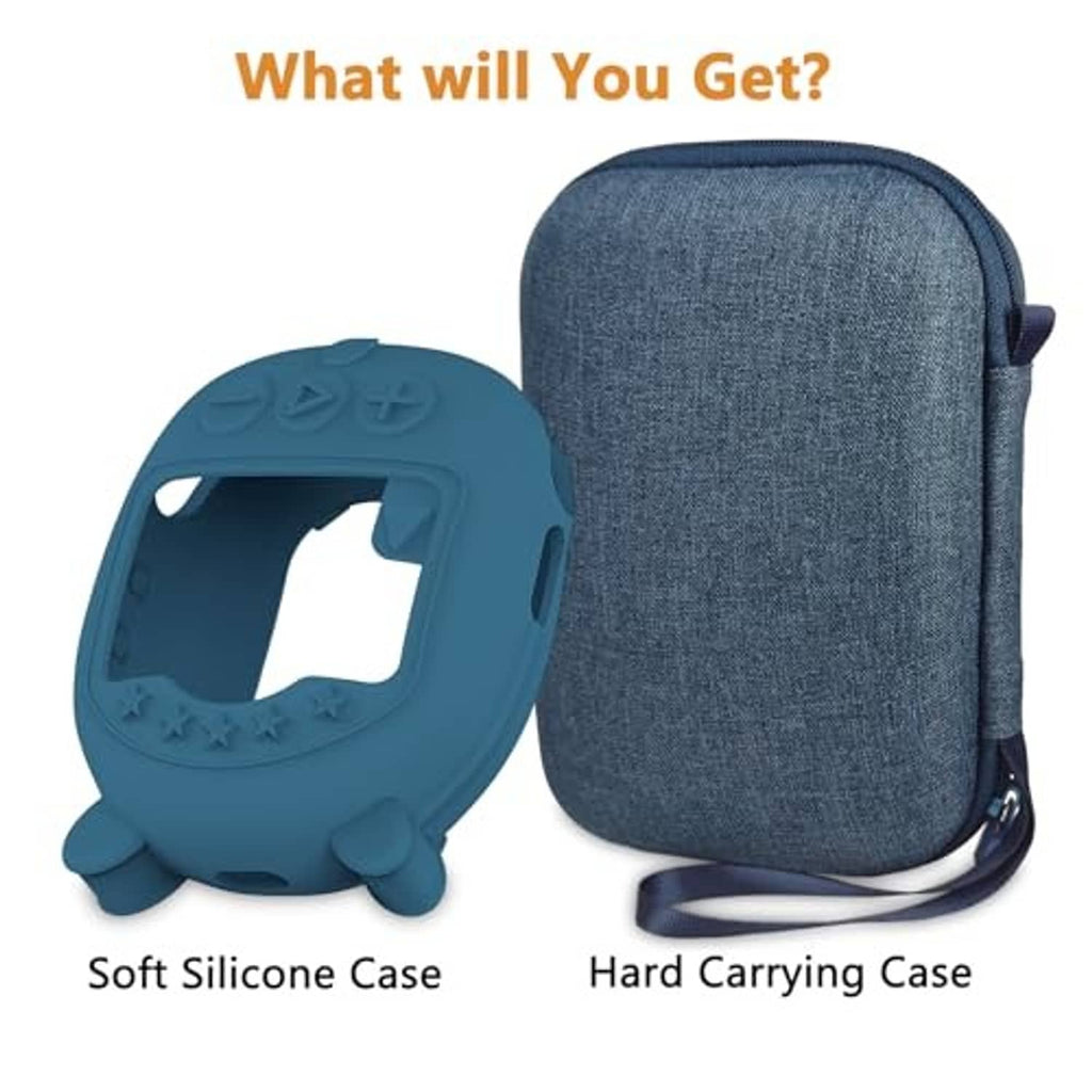 Blue hard carrying case with hand strap, denim-texture fabric, zipper closure