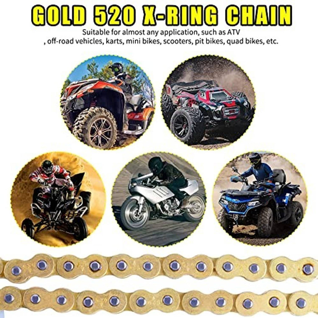 Gold X-ring chain with multiple circular drive images above and chain link row below