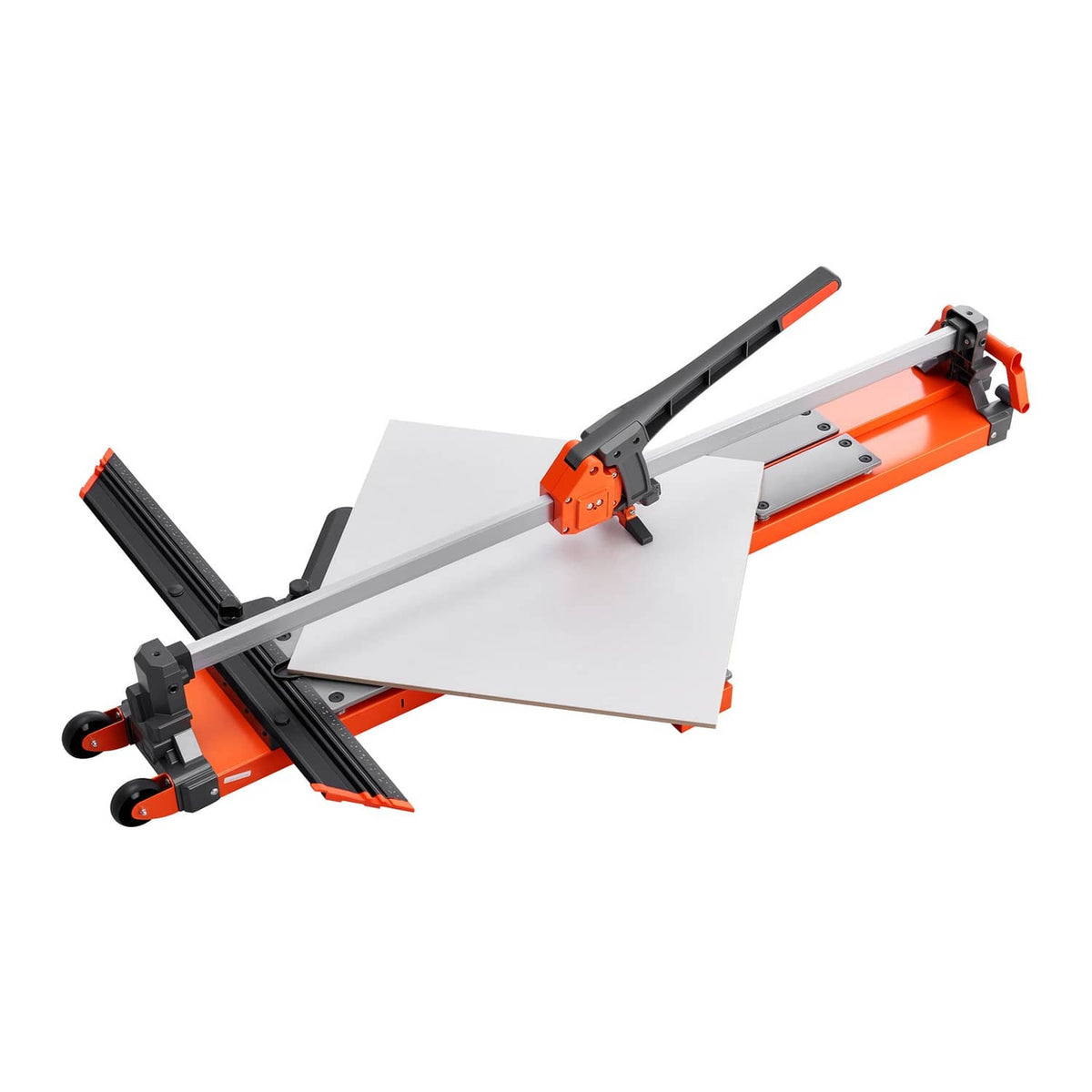 Manual tile cutter with orange base, gray rails, spring handle, adjustable angle guide