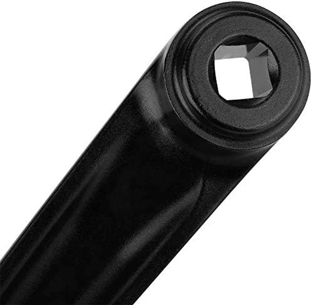 Black aluminum alloy crank arm with circular end cap and square drive opening