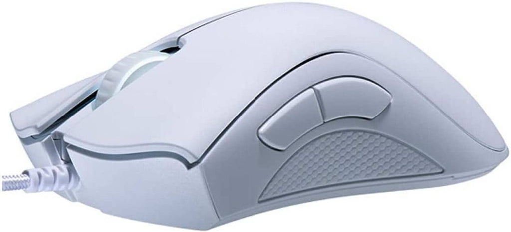 Mercury white gaming mouse top with ridged scroll area and contoured side grip.