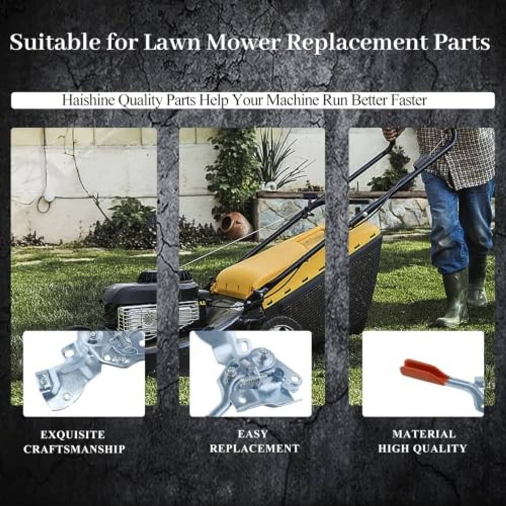 Orange-handled silver throttle lever arm assembly shown with lawn mower replacement part inset