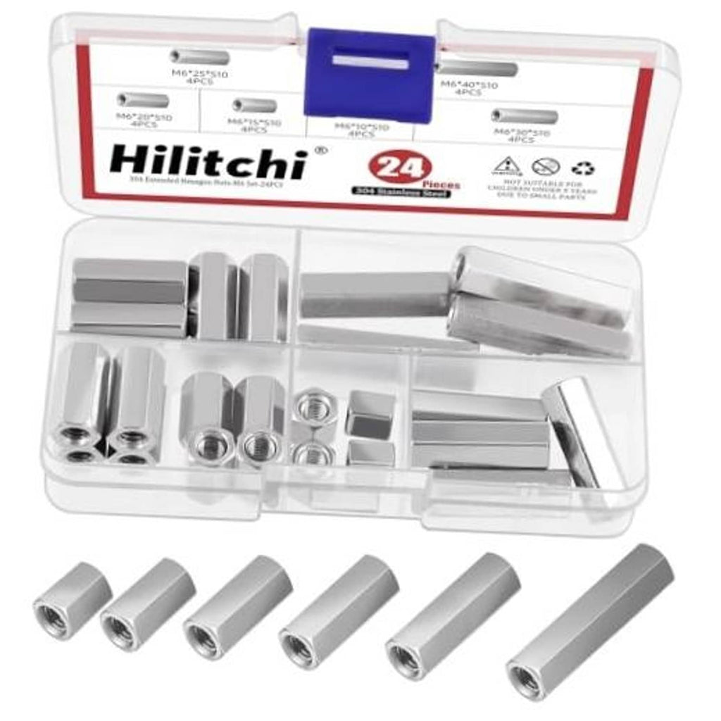 24-pack stainless steel hex coupling nuts for threaded rods, silver finish in plastic case
