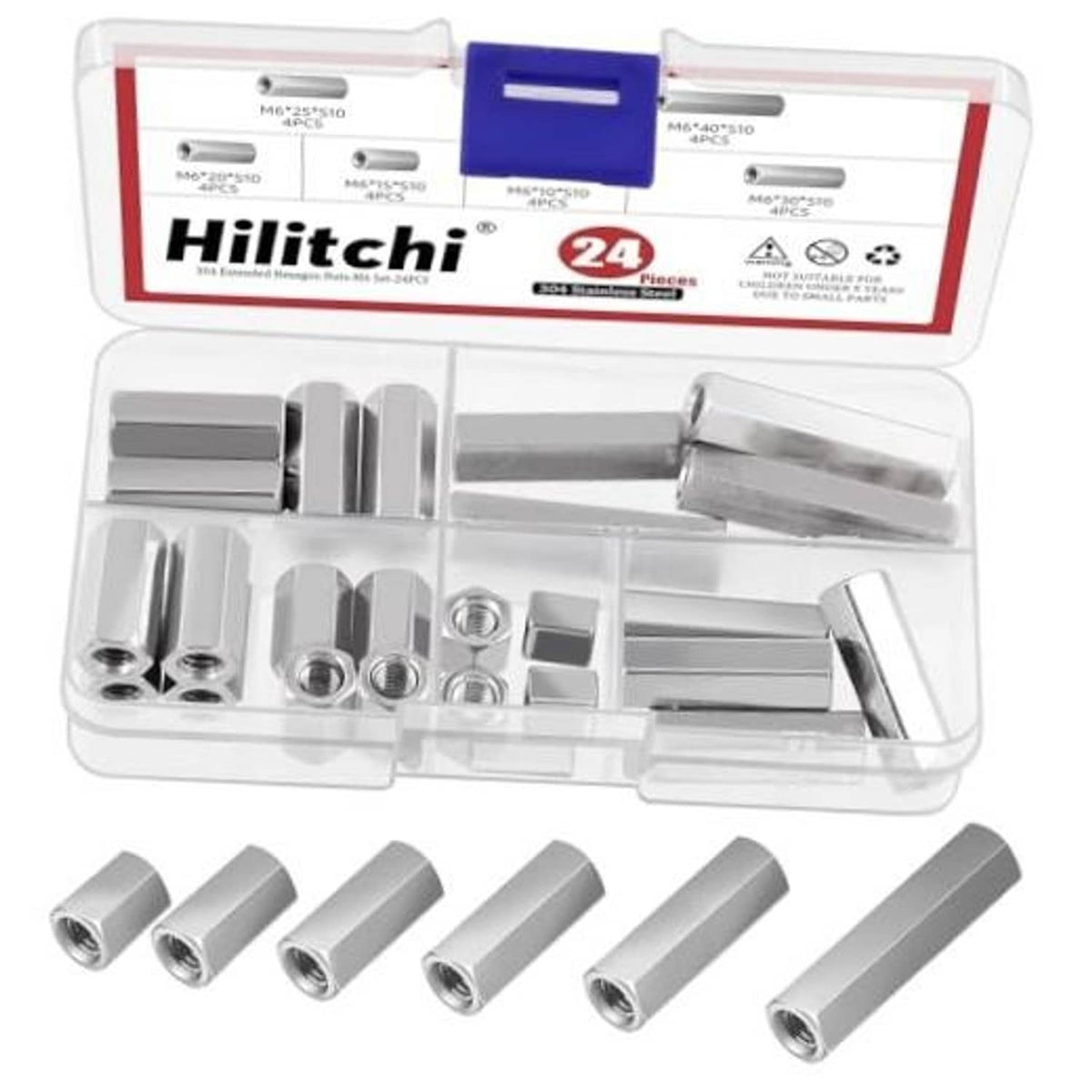 24-pack stainless steel hex coupling nuts for threaded rods, silver finish in plastic case