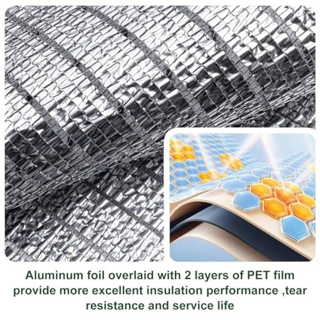 Reflective aluminum-foil mesh shade cloth with layered PET film, silver-gray texture